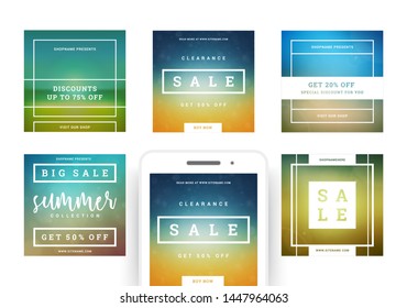 Sale banners templates design with place for photo and discount messages vector illustration. Social media mobile apps posts with colorful gradients.