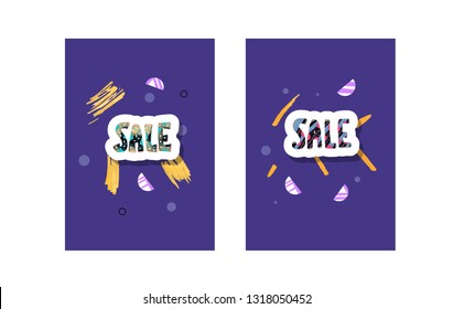 Sale banners templates set. Vector handwritten lettering with promotion geometric and abstract elements. Color concept illustration. Poster, card, print stickers typography.