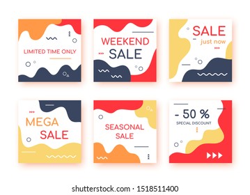 Sale banners, templates for social media post promotion. Geometric square backgrounds with text space, abstract elements. Sale, discount promo, email, newsletter layout