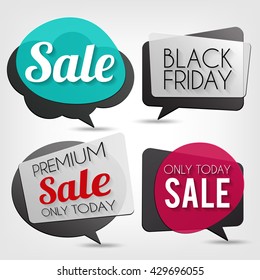 Sale banners vector set. Nice plastic cards in material design style. Transparent black, white, blue and purple paper.