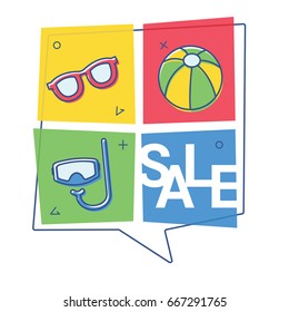 Sale of beach equipment - vector banner full of colors