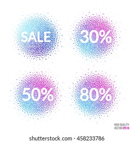 Sale beautiful design element for greeting card template layout with moving particles and swirl explosion effect for shopping, advertisement banner, special offer and store. Blue, purple vector.