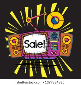 sale, Beautiful greeting card poster with vintage Television and comic or cartoon style