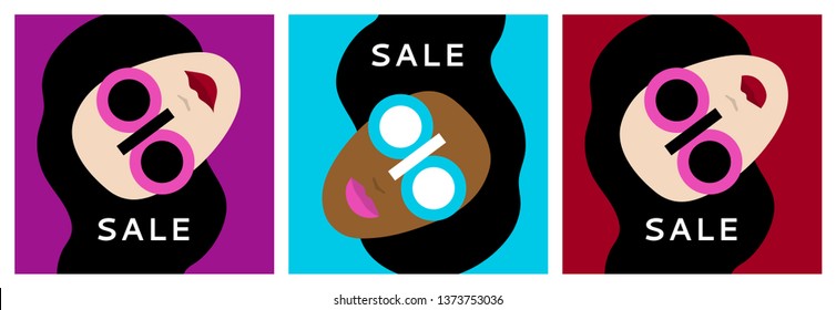 Sale. Beautiful woman in sunglasses. Summer season sale. Promo girls. Discount. Percent. Special offer. Concept. Banner, poster, flyer template with sale theme for promotion. Vector illustration. 