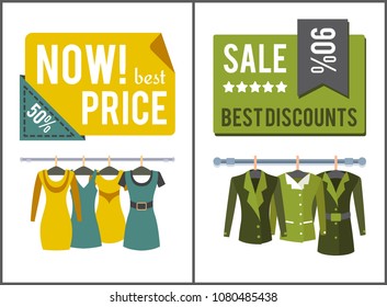 Sale and best discounts for female clothes posters set. Convenient low price spring womens clothing promo. Huge low cost commercial vector illustration