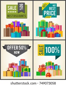 Sale best discounts super prices offer 50% now 100% sticker labels on banners with present festive gift boxes vector illustration posters set