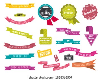 Sale or best price badges or label, shop tags and ribbons isolated icons vector. Sticker, exclusive pricing, special offer, hot deal. Save up signage, discount logo, retail and trade illustration