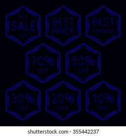 Sale, best price and choice signs set of blue lights on dark background