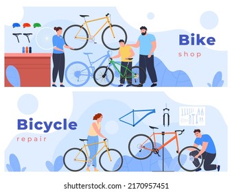 Sale of bicycles and bicycle shops. Bicycle repair and maintenance. Two-wheeled transport. Vector illustration