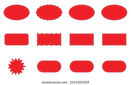 Sale and big set of red labels collection. Sale and discount stickers. Sale price tags or promotional badge. Promo banners. Red labels isolated. Circle, Oval and rectangle stitched zig zag label set.