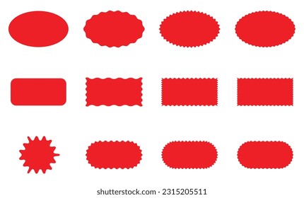 Sale and big set of red labels collection. Sale and discount stickers. Sale price tags or promotional badge. Promo banners. Red labels isolated. Circle, Oval and rectangle zig zag label set