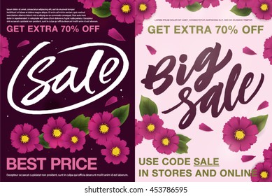 "Sale" and "Big Sale" vector illustrations set. Sale header or banner with a handwritten Inscription and pink flowers. Layout template for your designs: flyers, banners, posters, labels.