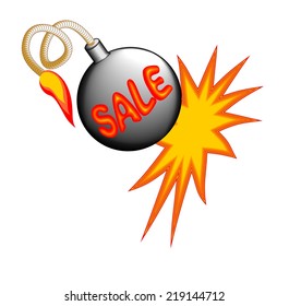 Sale billboard with exploding bomb on the white background