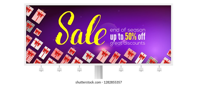 Sale. Billboard with handwritten lettering. Great discount up to fifty percent discount. Ad for discount actions decorated of gift boxes. Vector 3D illustration