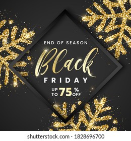 Sale Black Friday banner 75 percent off with black frame and golden glitter textured snowflakes on black background. Vector illustration stylish design template for shopping flyer, discount, voucher.