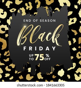 Sale Black Friday banner 75 off with black grunge brushstroke on glossy golden leopard skin texture background. Vector illustration stylish design template for shopping flyer, discount, web, ad, tag.