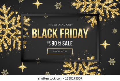 Sale Black Friday banner 90 percent off with black frame and golden glitter textured snowflakes on black background. Vector illustration stylish design template for shopping flyer, discount, voucher.
