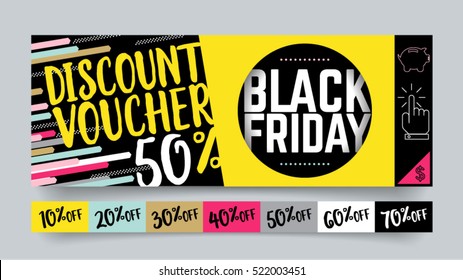 Sale and Black Friday Flat design website banner voucher template set. Bright colorful vector for social media, posters, email, print, ads, promotional material. Yellow Pink Blue black and white