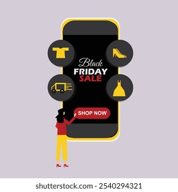 Sale. Black Friday. Online Shopping. Happy woman buyer in phone with packages gift. Holiday shopper character. Shop in smartphone. Vector illustration