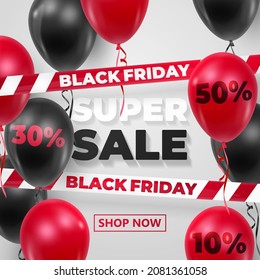 Sale, Black Friday with black and red balloons with percent, barricade tape and text, letters on white background. Vector Holiday illustration for web, design, arts, advertising.