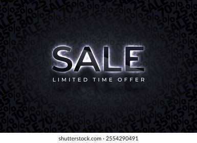 Sale black glossy glass letters with white neon glow backlight on sale vector pattern background. Limited time offer. Simple text geometric graphic print. Marketing Sale luxury advertising poster