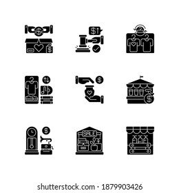 Sale black glyph icons set on white space. Marketplaces and trading events silhouette symbols. Buying goods at affordable prices. Charitable and commercial business. Vector isolated illustrations