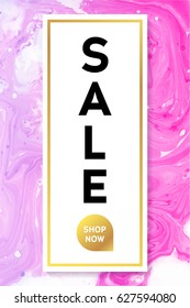 Sale. Black and Gold Banner Template with Pastel Marble Texture on White Background. Vertical Poster Design.