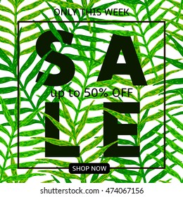 Sale - black text on the seamless pattern from green leaves. Template for tag, card, poster, banner