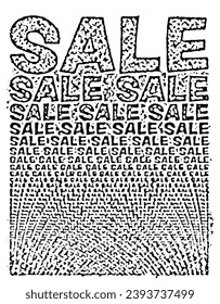 Sale black and white card composed of big amount of grunge words. Booklet for wallpaper usage. Vector illustration.