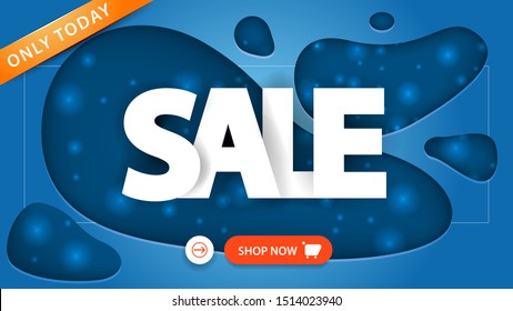 Sale, blue discount banner in paper cut style with large letters and button