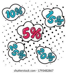 Sale - blue and red Bubble speech on black spots comic background. Suitable for comment or thinking note in Pop Art style. Vector Illustration