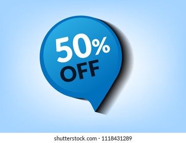 Sale blue tag with white text. Discount offer price label with long shadow, 50% off discount sticker.