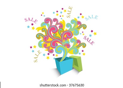 Sale box with colorful elements shooting out. Easy to edit vector image.