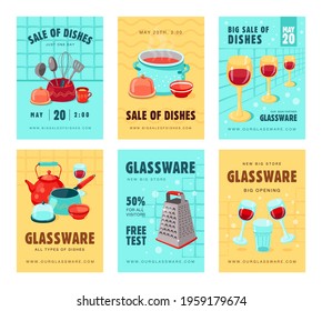 Sale brochure designs with kitchen utensils. Bright promotion for shop or store with all types of dishes. Kitchen tools, shopping concept for advertising leaflet or promotional flyer