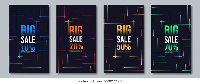 Sale brochures with dark backdrop and bright gradient lines. Perfect for promotions, discounts, shopping ads, and marketing. Vector illustration.