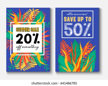 Sale broshure with tropical palm leaves. Vertical banner set.