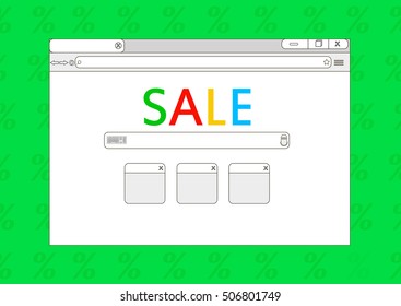 Sale browser window on green background. Browser sale. Flat vector stock illustration.