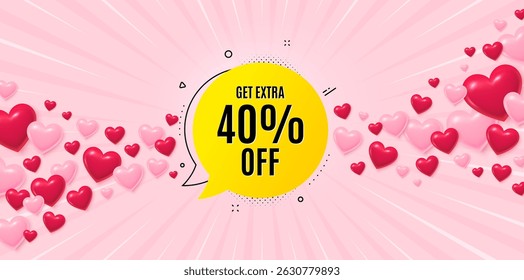 Banner de amor bolha de venda com corações 3d. Fundo de explosão de sol. Obtenha 40% de desconto em banner bolha. Forma de adesivo de desconto. Ícone de selo de venda. Cartão comemorativo do Dia dos Namorados. Vetor