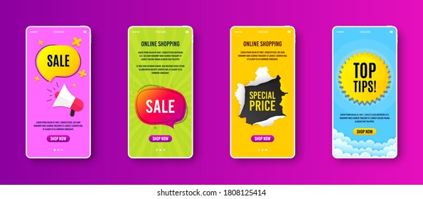 Sale bubble. Phone screen banner. Discount banner shape. Coupon chat icon. Sale banner on smartphone screen. Mobile phone web template. Sale bubble promotion. Interface with torn paper hole. Vector