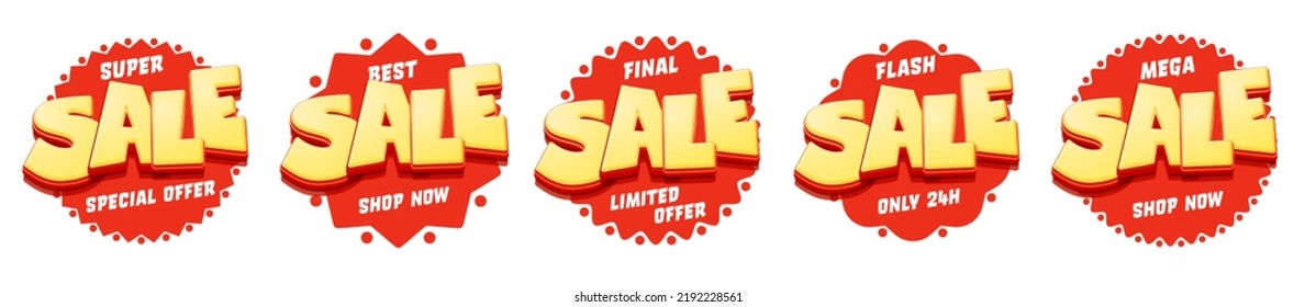Blasen-Aufkleber-Set für den Verkauf. Super, Beste, Finale, Flash, Mega-Verkauf Rabatt Werbung. Sonderangebot, begrenzte Zeit, 24 Stunden, Shop jetzt Einladung Vektorgrafik einzeln auf weißem Hintergrund