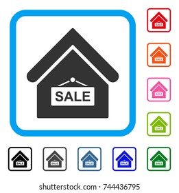 Sale Building icon. Flat gray pictogram symbol inside a blue rounded frame. Black, gray, green, blue, red, orange color additional versions of Sale Building vector. Designed for web and app UI.
