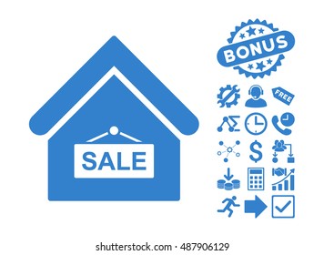 Sale Building pictograph with bonus icon set. Vector illustration style is flat iconic symbols, cobalt color, white background.
