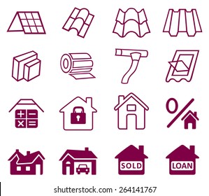 Sale buildings materials (roof, facade) site icons set isolated on white background, vector illustration