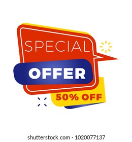 Sale bunner template. Vector design element for your promotion. Red, yellow and blue color theme. Rounded speech bubble