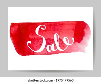 Sale. Business card template with abstract watercolor element and hand lettering. Template for card, banner, poster, print, web. Hand Drawn vector illustration.