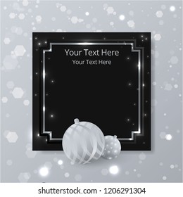 Sale business template for web and print, cute label for sale poster . Beautiful cover template for christmas card black ,silver and white with bokeh shiny glow decoration and chrismas tree balls.