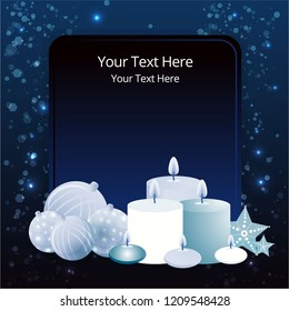 Sale business template with xmas tree balls and candles,  cute label for sale poster decoration . Beautiful cover template for Christmas card black ,silver and blue with bokeh shiny glow. 