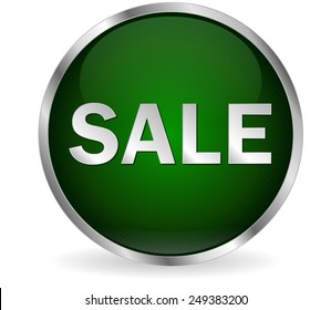 Sale button, round green web icon with metallic frame
