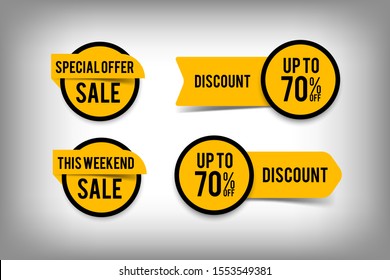 Sale button set for website and print, yellow discount icons. Vector elements, eps10