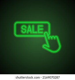 Sale button simple icon vector. Flat design. Green neon on black background with green light.ai